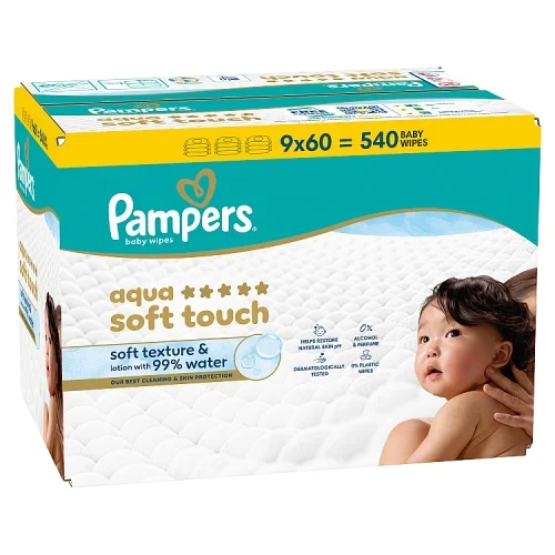 Zdjęcie produktu - Pampers Aqua Soft Touch Chusteczki nawilżane dla dzieci, 9 x 60 szt.