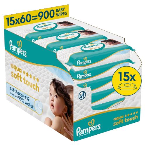 Zdjęcie produktu - Pampers Aqua Soft Touch Chusteczki nawilżane, 15 x 60 szt.