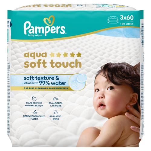 Zdjęcie produktu - Pampers Aqua Soft Touch Chusteczki nawilżane, 3 x 60 szt.