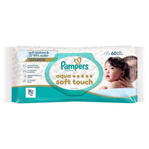 Zdjęcie produktu - Pampers Aqua Soft Touch Chusteczki nawilżane, 60 szt.