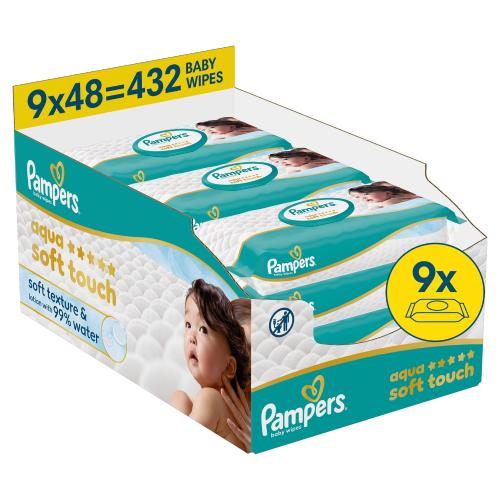 Zdjęcie produktu - Pampers Aqua Soft Touch Chusteczki nawilżane, 9 x 48 szt.