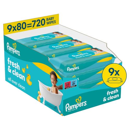Zdjęcie produktu - Pampers Fresh Clean Chusteczki nawilżane, 9 x 80 szt.