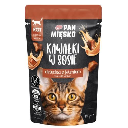 Zdjęcie produktu - Pan Mięsko Karma mokra dla kota Kawałki w sosie Cielęcina z jeleniem (dorosły), 85 g