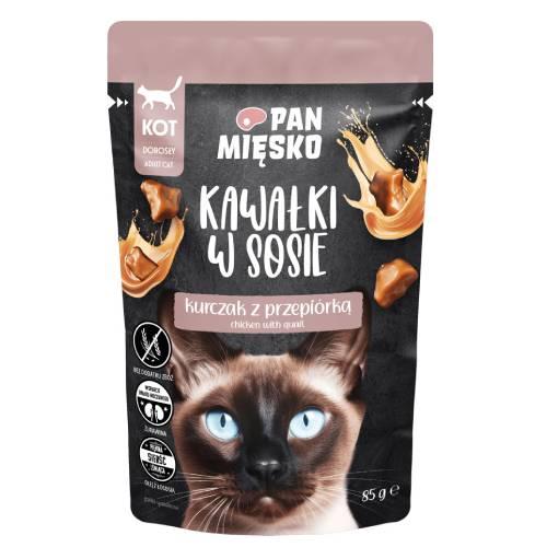 Zdjęcie produktu - Pan Mięsko Karma mokra dla kota Kawałki w sosie Kurczak z przepi&oacute;rką (dorosły), 85 g