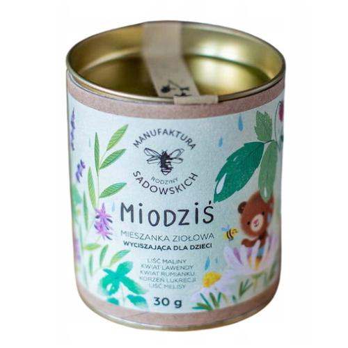 Zdjęcie produktu - PASIEKI RODZINY SADOWSKICH Miodziś Wyciszająca ziołowa herbatka dla dzieci, 30g