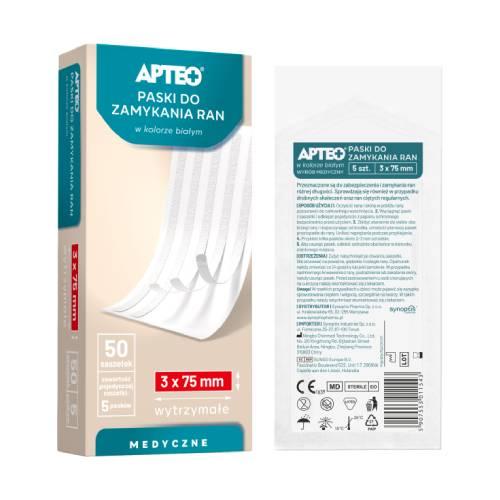 Zdjęcie produktu - APTEO Sterylne paski do zamykania ran, 3x75mm, 5 pask&oacute;w