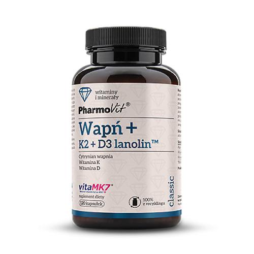 Zdjęcie produktu - PHARMOVIT Wapń + K2 + D3 lanolin, 120kaps.