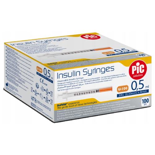 Zdjęcie produktu - PIC Insulin Syringes Jednorazowa strzykawka insulinowa 0,5 ml G30 0,30 mm x 8 mm, 100 szt.