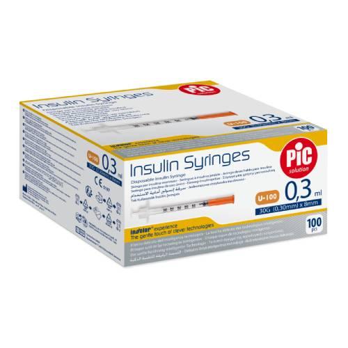 Zdjęcie produktu - PIC solution Insulin Syringes 31G (0,25mm) x 8mm jednorazowa strzykawka insulinowa, 100 szt.