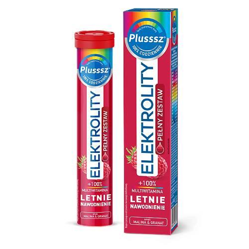 Zdjęcie produktu - Plusssz Elektrolity + multiwitamina, smak malina & granat, 24 tabletek musujących