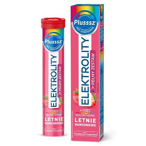 Zdjęcie produktu - Plusssz Elektrolity + multiwitamina, smak poziomka & truskawka, 24 tabletek musujących