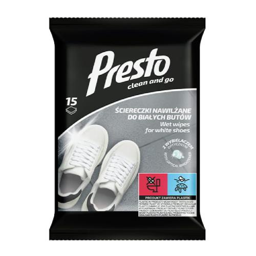 Zdjęcie produktu - PRESTO Clean and Go Ściereczki nawilżane do białych but&oacute;w, 15 szt.