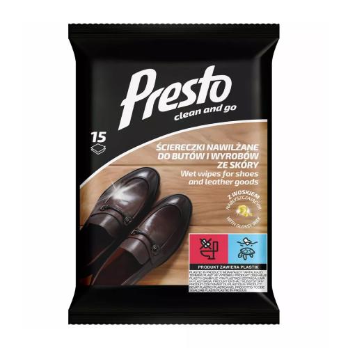 Zdjęcie produktu - PRESTO Clean and Go Ściereczki nawilżane do but&oacute;w i wyrob&oacute;w ze sk&oacute;ry, 15 szt.