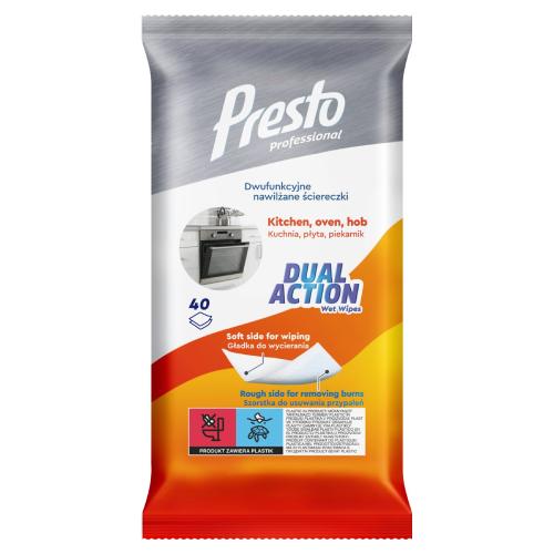 Zdjęcie produktu - PRESTO Dwufunkcyjne nawilżane ściereczki do kuchni, piekarnika, płyty, 40 szt.
