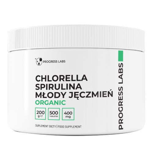 Zdjęcie produktu - Progress Labs Chlorella Spirulina Młody jęczmień Organic 400 mg, 500 tabl.