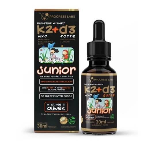 Zdjęcie produktu - PROGRESS LABS Naturalne Witaminy K2 + D3 Junior Krople, 30 ml