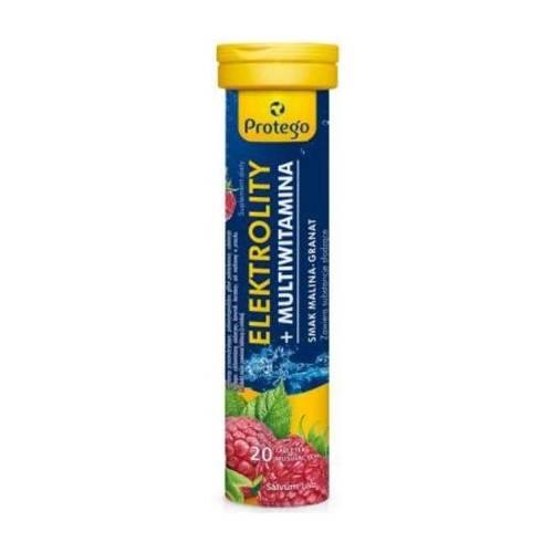 Zdjęcie produktu -  Protego Elektrolity + multiwitamina smak malina-granat, 20 tabl. musujących