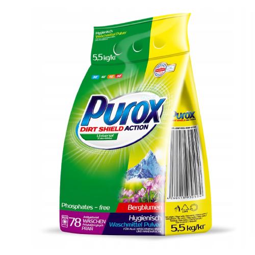 Zdjęcie produktu - PUROX DIRT SHIELD ACTION Universal g&oacute;rskie kwiaty - antybakteryjny proszek do prania, 5,5kg