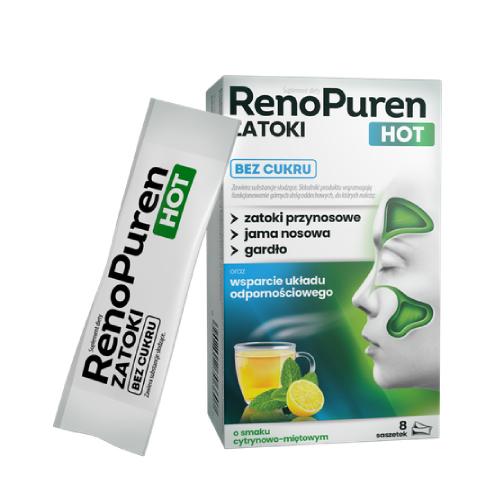 Zdjęcie produktu - RENOPUREN ZATOKI HOT bez cukru smak cytrynowo-miętowy, 8 sasz.