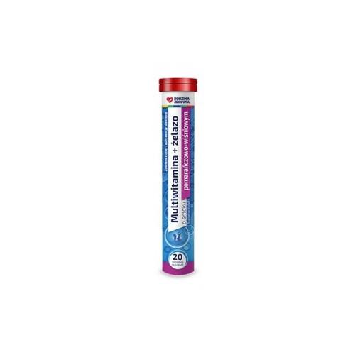 Zdjęcie produktu - Rodzina Zdrowia Multiwitamina + żelazo o smaku pomarańczowo-wiśniowym, 20 tabletek musujących 