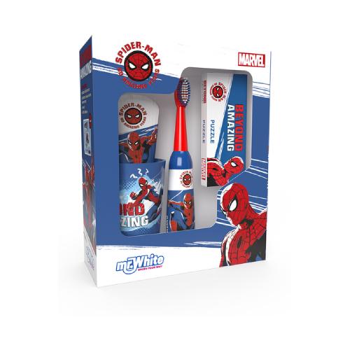 Miniaturka artykułu - Mr.White Zestaw do mycia zęb&oacute;w Spiderman 3+ Szczoteczka elektryczna + Pasta do zęb&oacute;w, 75 ml + Kubek + Puzzle