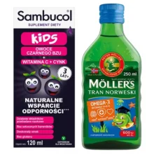 Zdjęcie produktu - Sambucol Kids, 120ml + Mollers Tran Norweski owocowy płyn, 250ml