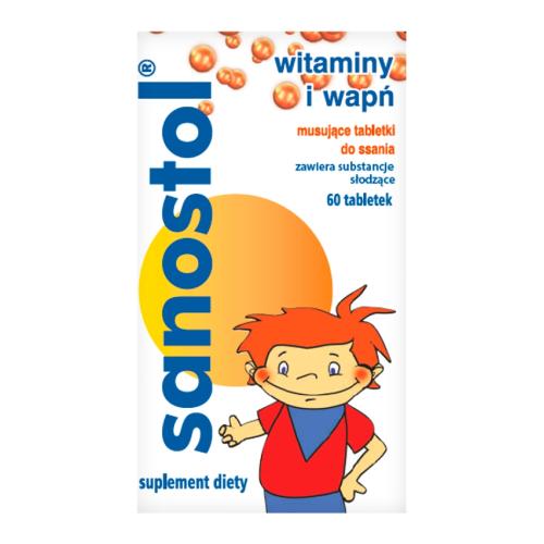 Zdjęcie produktu - Sanostol Witaminy i wapń bez cukru, 60 musujących tabl. do ssania
