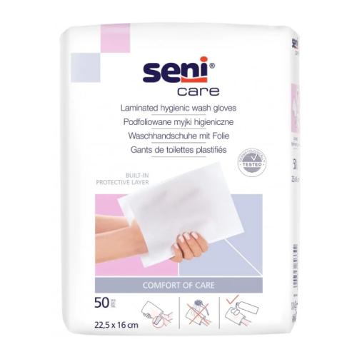 Zdjęcie produktu - SENI CARE Podfoliowane myjki higieniczne 22,5x16 cm, 50szt.