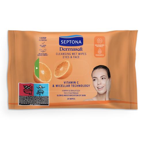 Zdjęcie produktu - SEPTONA Dermasoft Oczyszczające chusteczki nawilżane z witaminą C i technologią micelarną do twarzy i oczu, 20szt.