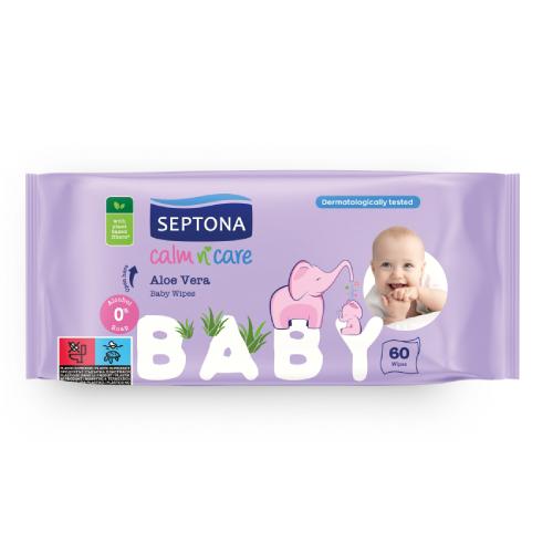 Zdjęcie produktu - SEPTONA Nawilżane chusteczki z aloesem, 60szt.