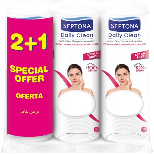 Zdjęcie produktu - SEPTONA Daily Clean Płatki kosmetyczne bawełniane 2+1, 3x80szt.