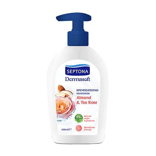 Zdjęcie produktu - Septona Płyn do mycia rąk z pompką Migdał i r&oacute;ża herbaciana, 400 ml
