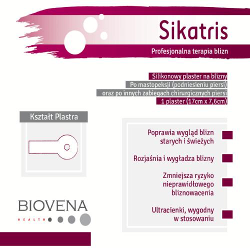 Zdjęcie produktu - SIKATRIS Plaster silikonowy na blizny po mastopeksji 17cm x 7,6cm, 5 plastr&oacute;w