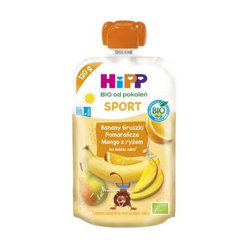 Zdjęcie produktu - HiPP BIO Sport Mus owocowy banany gruszki pomarańcze mango z ryżem po 1. roku, 120 g