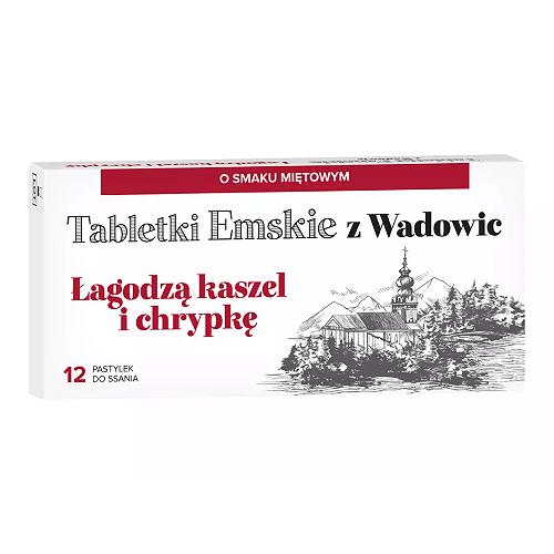 Zdjęcie produktu - Tabletki Emskie z Wadowic Łagodzą kaszel i chrypkę, 12 tabletek