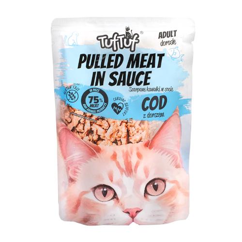 Zdjęcie produktu - TufTuf Mokra karma dla kota Szarpane kawałki mięsne w sosie z dorszem (dorosły), 100 g