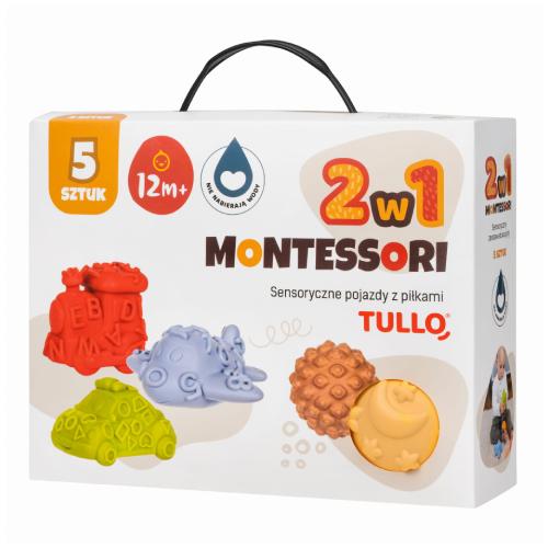 Zdjęcie produktu - Tullo 2w1 Montessori Sensoryczne pojazdy i piłeczki 12m+, 5 szt.