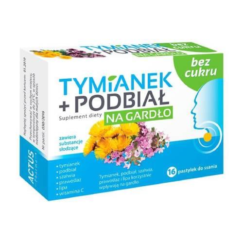 Zdjęcie produktu - Tymianek + Podbiał Na gardło bez cukru, 16 pastylek