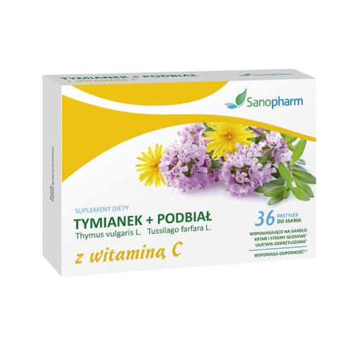 Zdjęcie produktu - Sanopharm TYMIANEK + PODBIAŁ z witaminą C, 36 pastylek do ssania