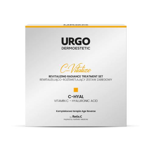 URGO DERMOESTETIC C-Vitalize Rewitalizująco-rozświetlający Zestaw Zabiegowy C-HYAL: Korundowy peeling aktywujący 50ml + Ampułka z serum 4x1ml + Maska do twarzy, szyi i dekoltu 4x2,5ml