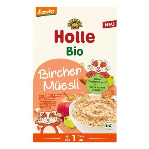 Miniaturka artykułu - Holle Bio Bircher Muesli Organiczna pełnoziarnista kaszka z jabłkiem, rodzynkami i migdałami od 1. roku życia, 200 g