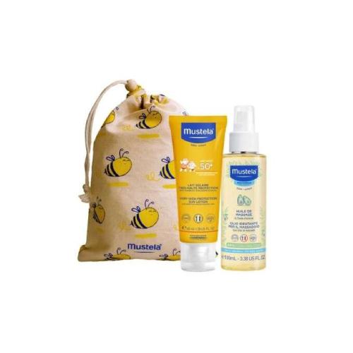 Miniaturka artykułu - MUSTELA Zestaw Maluszek w podr&oacute;ży sk&oacute;ra sucha mleczko przeciwsłoneczne SPF 50+,40ml + olejek do masażu, 100ml