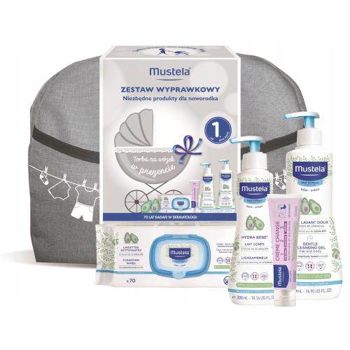 Miniaturka artykułu - MUSTELA Zestaw wyprawkowy: żel do mycia, 750ml + mleczko do ciała, 300 ml + krem do przewijania, 50ml + chusteczki oczyszczające, 70 sztuk