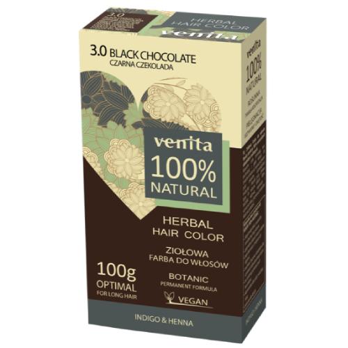 Zdjęcie produktu - VENITA 100% Natural Ziołowa farba do włos&oacute;w 3.0 Czarna Czekolada, 100g
