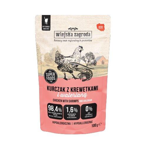 Zdjęcie produktu - Wiejska Zagroda Karma mokra dla kota Kurczak z krewetkami i walerianą (dorosły), 100 g