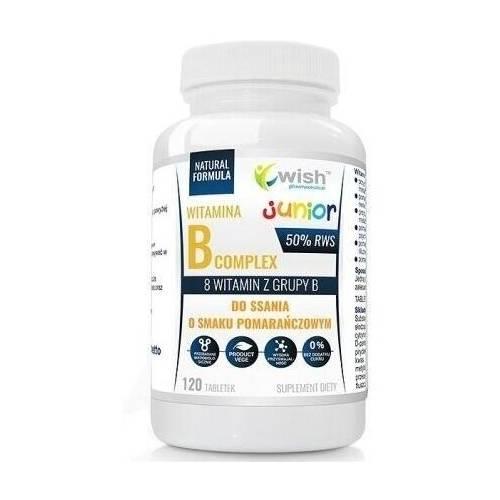 Zdjęcie produktu - WISH Pharmaceutical Witamina B Complex Junior, 120tabl. do ssania o smaku pomarańczowym