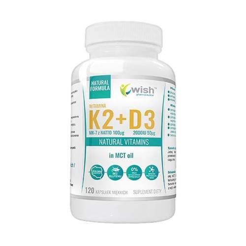 Zdjęcie produktu - Wish Pharmaceutical Witamina K2 MK-7 100mcg + D3 2000IU 50mcg w oleju MCT, 120 kaps.