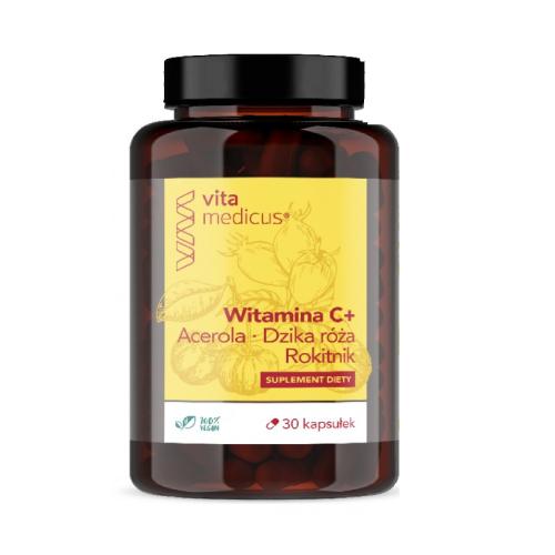 Zdjęcie produktu - Witamina C+ Acerola Dzika R&oacute;ża Rokitnik VitaMedicus, 30 kapsułek