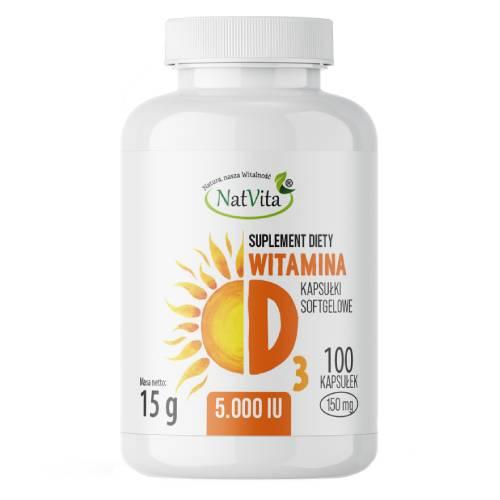 Zdjęcie produktu - NatVita Witamina D3 5000 IU, 100 kaps.