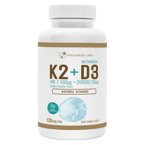 Zdjęcie produktu - Progress Labs Witamina K2 MK-7 100 &micro;g + D3 2000 IU 50 &micro;g, 120 tabl.